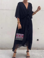 Annabelle™ | Vestido midi de gasa drapeado asimétrico con cinturón
