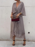 Annabelle™ | Vestido midi de gasa drapeado asimétrico con cinturón