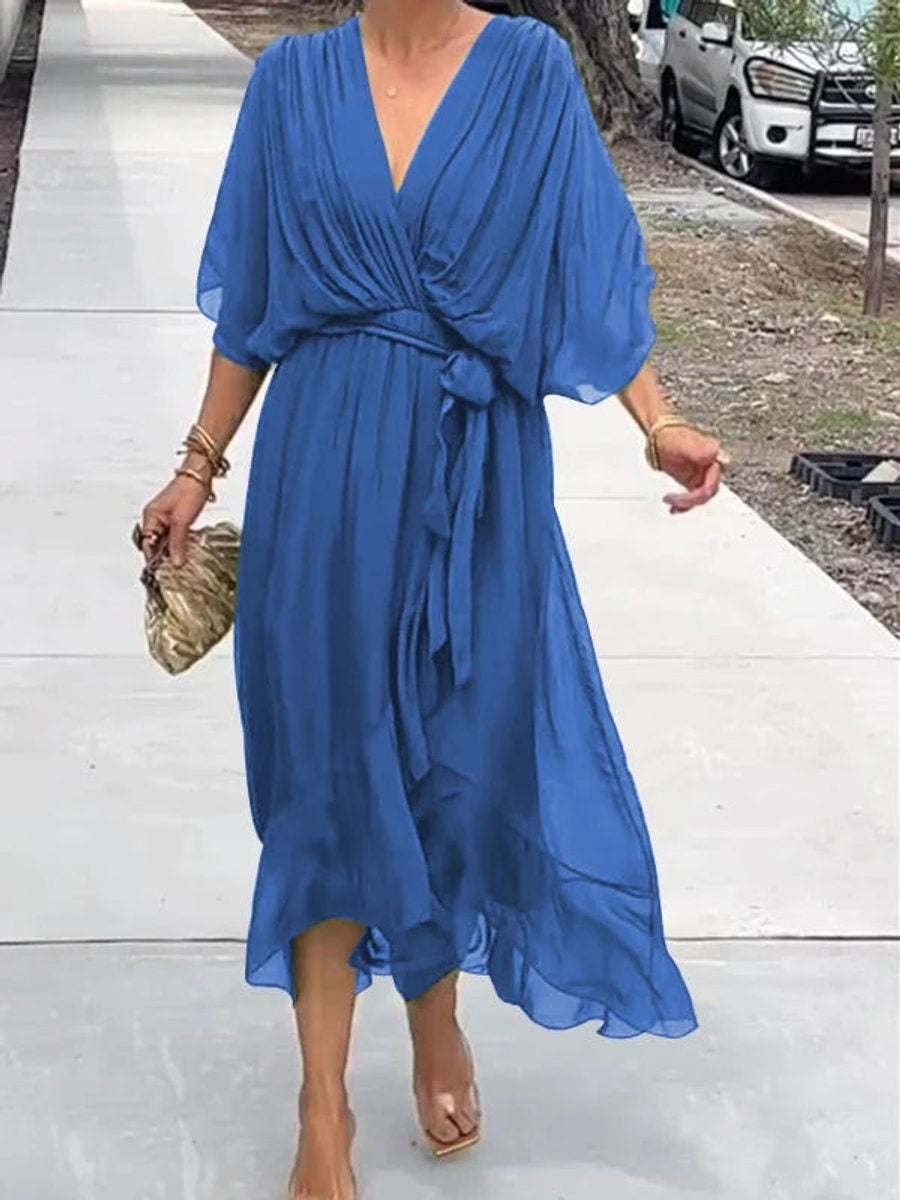 Annabelle™ | Vestido midi de gasa drapeado asimétrico con cinturón