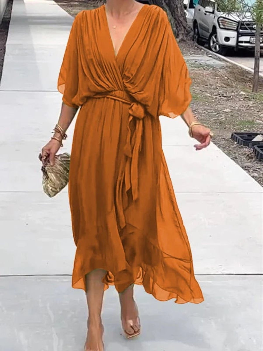 Annabelle™ | Vestido midi de gasa drapeado asimétrico con cinturón