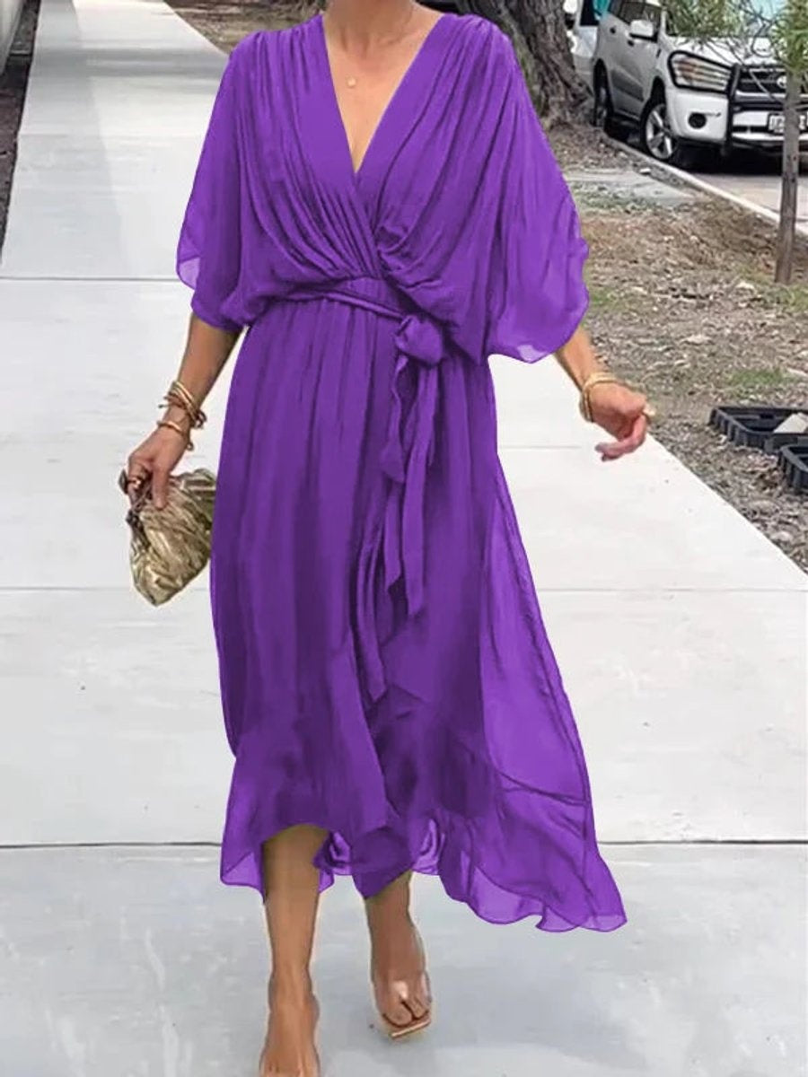 Annabelle™ | Vestido midi de gasa drapeado asimétrico con cinturón