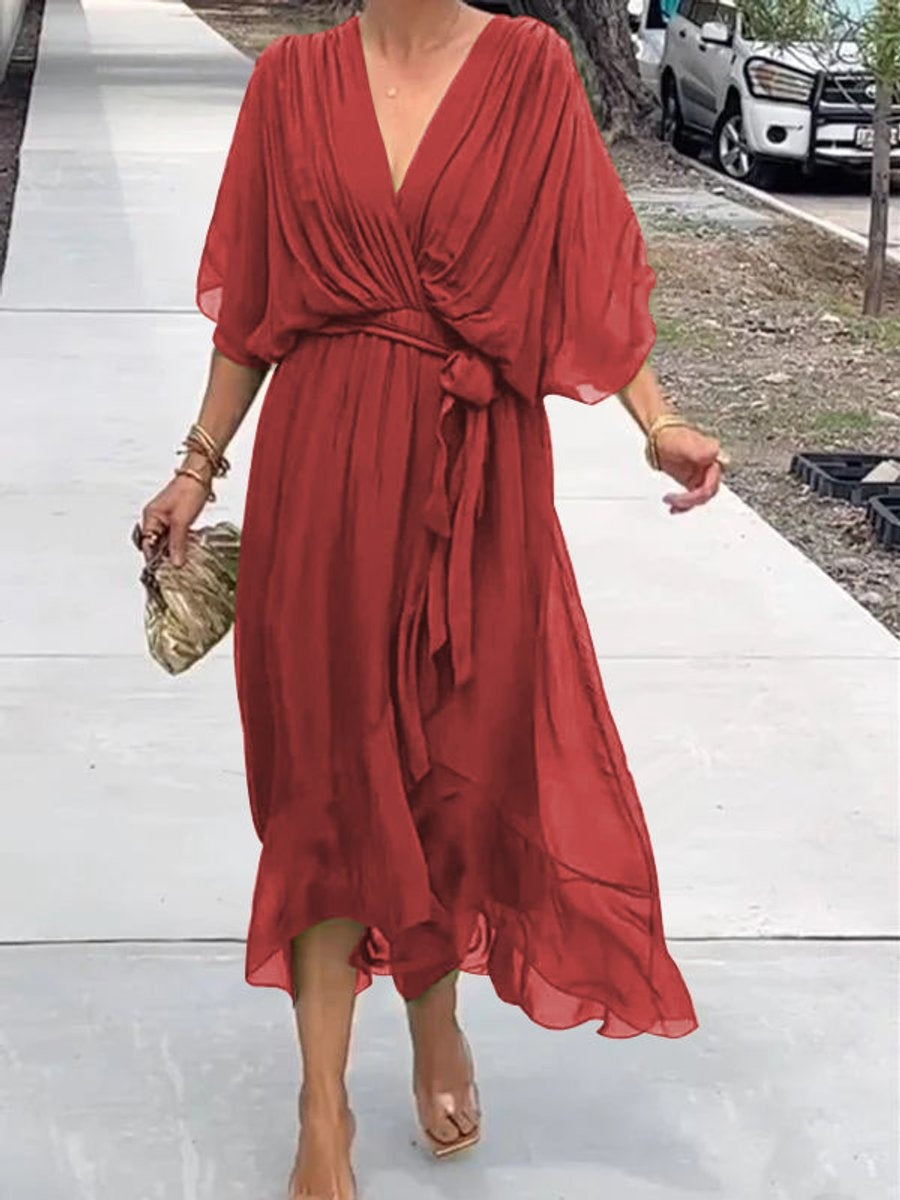 Annabelle™ | Vestido midi de gasa drapeado asimétrico con cinturón