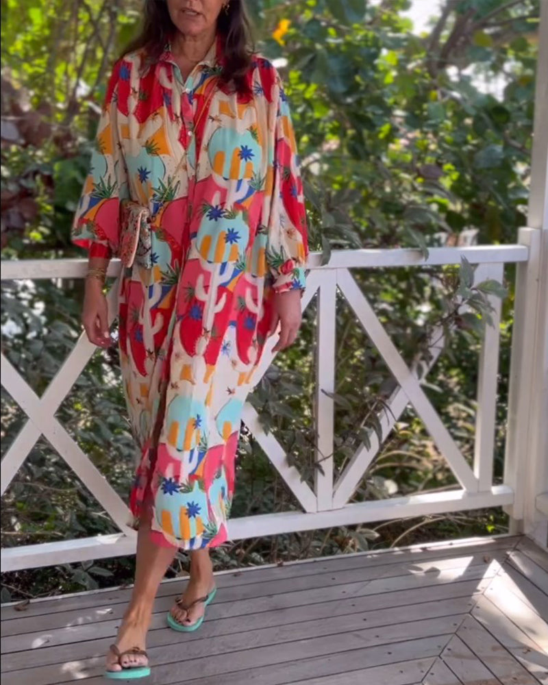 Vestido midi estampado de manga larga con solapa