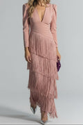 Bella™ | Vestido largo de invitada de invierno con flecos y manga larga