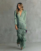 Bella™ | Vestido largo de invitada de invierno con flecos y manga larga