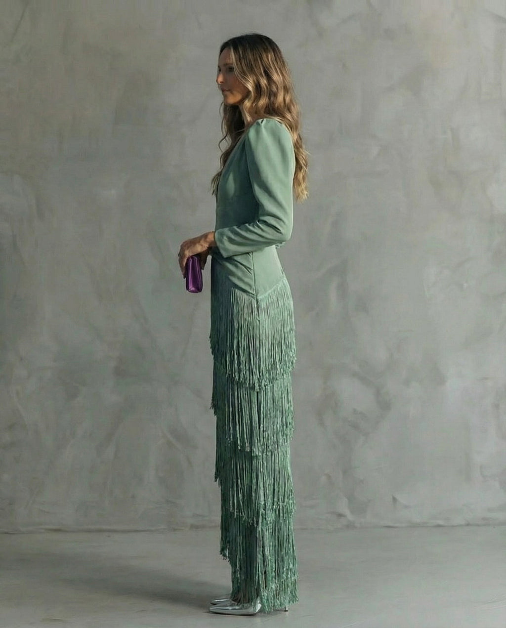 Bella™ | Vestido largo de invitada de invierno con flecos y manga larga