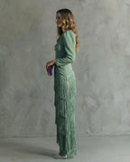 Bella™ | Vestido largo de invitada de invierno con flecos y manga larga