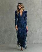 Bella™ | Vestido largo de invitada de invierno con flecos y manga larga