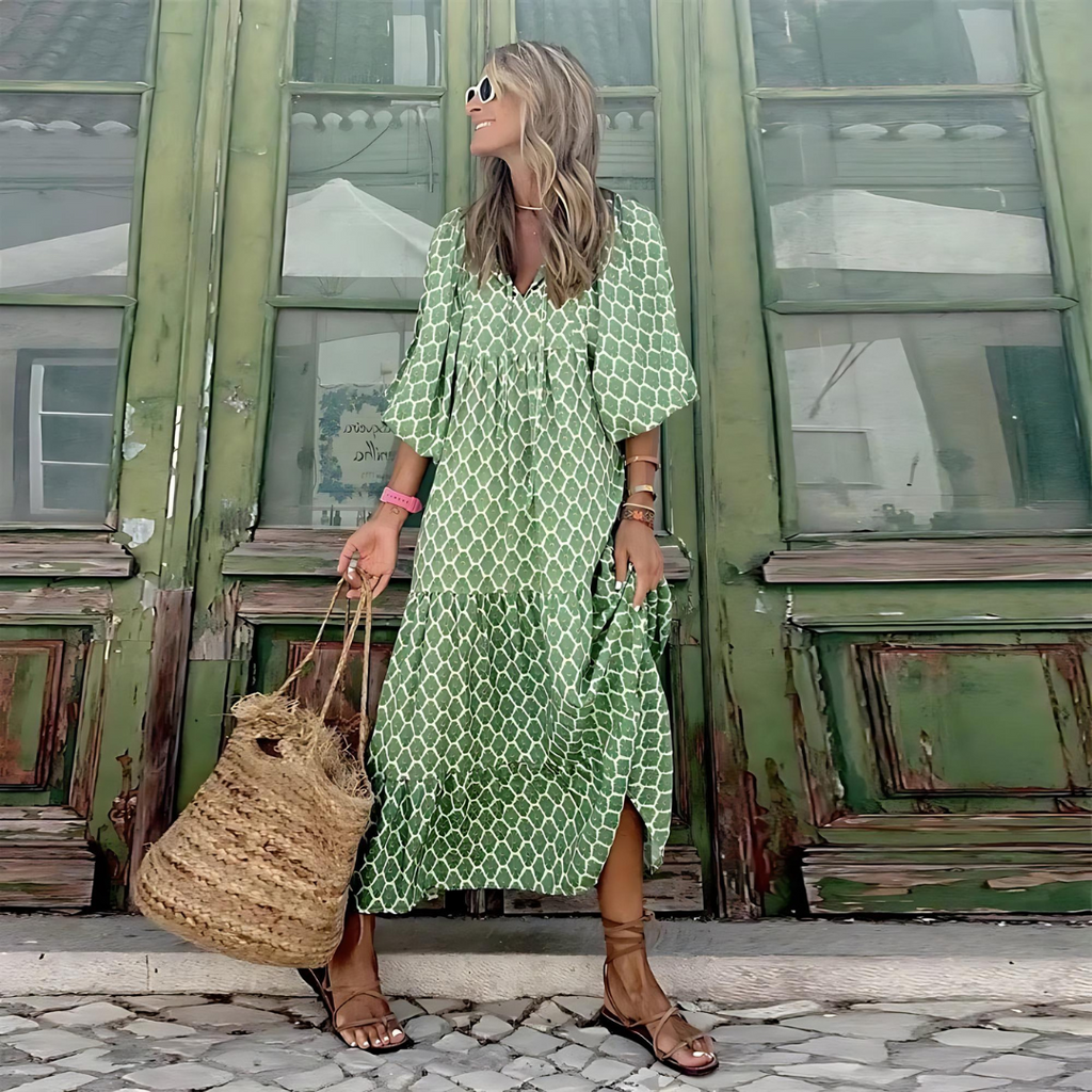 Juliana™ | Vestido largo de lunares con manga larga