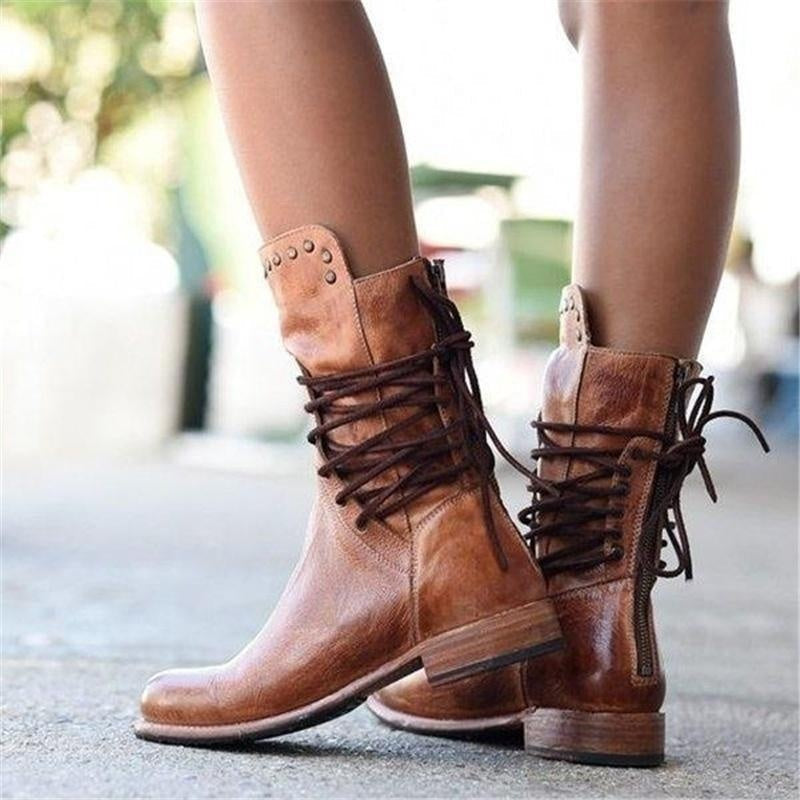 Megan™ | Botas militares con cordones a media caña y tacón bajo