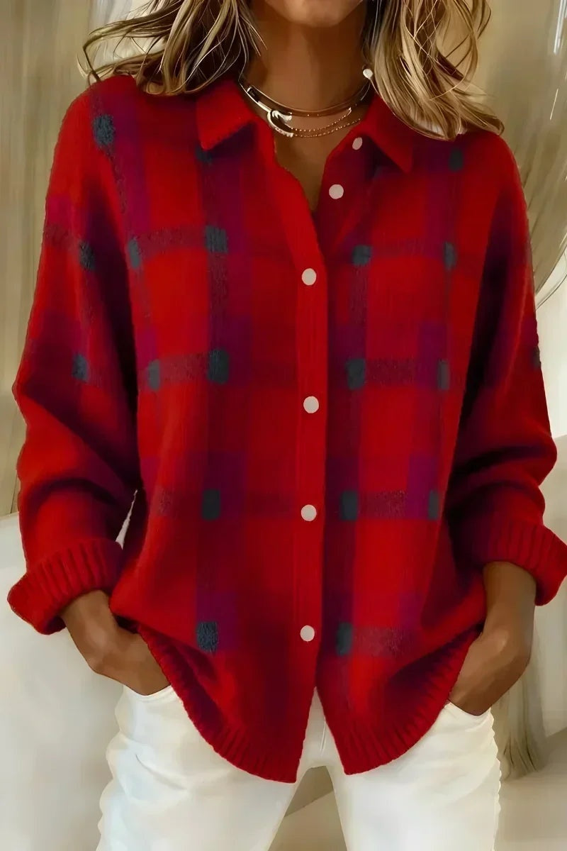 Isabella™ | Cárdigan de cuadros con cuello solapa y botones