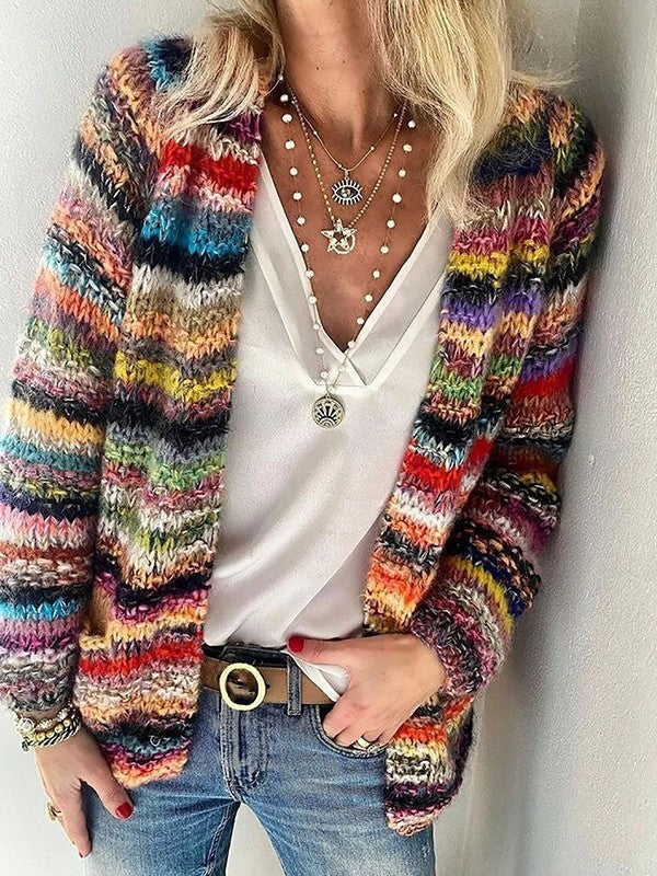 Leah™ | Chaqueta de punto abierta de rayas multicolor