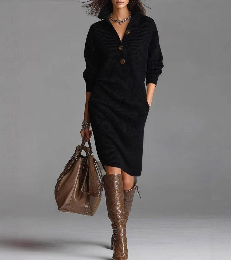 Luna™ | Vestido jersey midi con cuello polo y botones