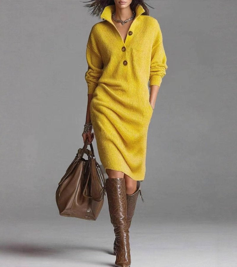Luna™ | Vestido jersey midi con cuello polo y botones