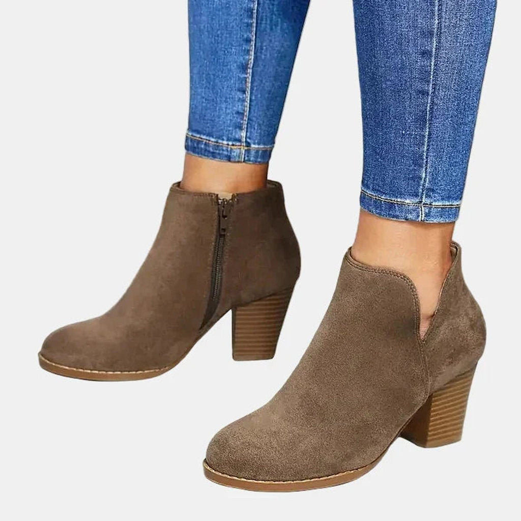 Juliette™ | Botines efecto ante con tacón de bloque y cremallera