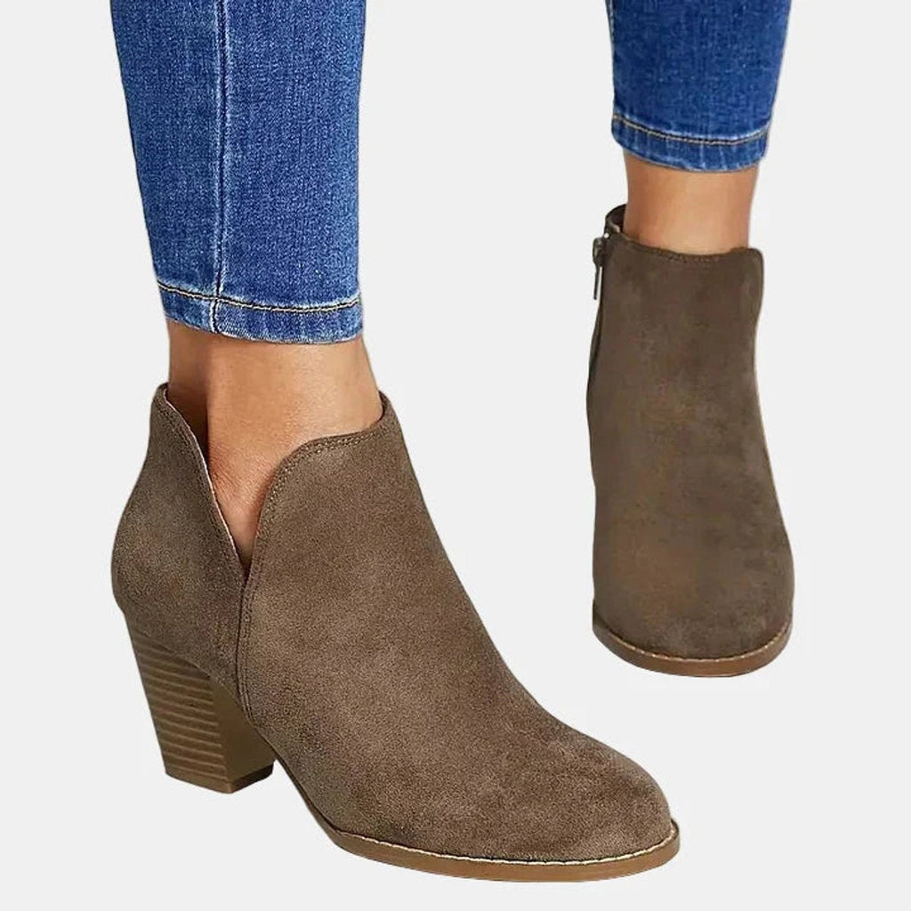 Juliette™ | Botines efecto ante con tacón de bloque y cremallera