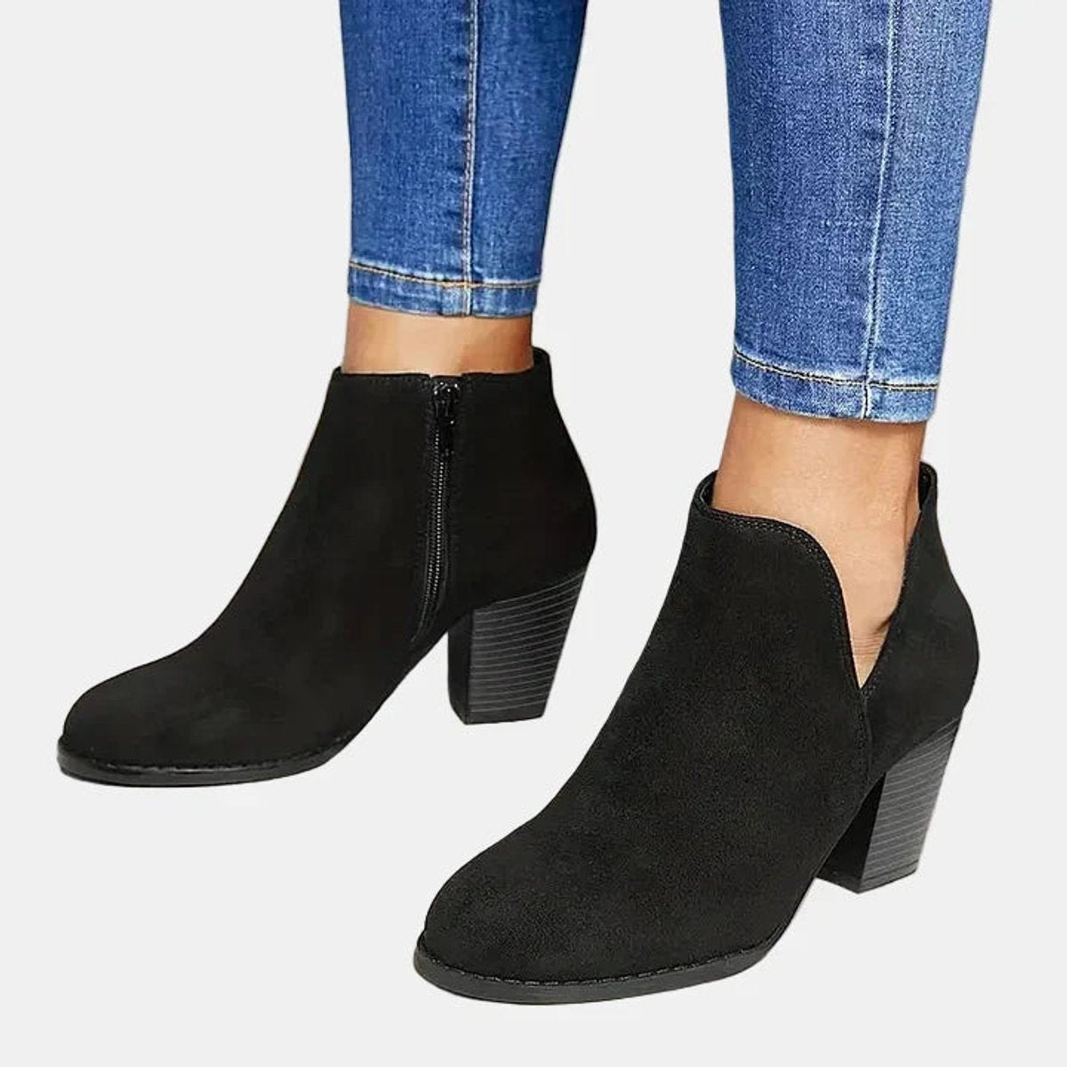 Juliette™ | Botines efecto ante con tacón de bloque y cremallera