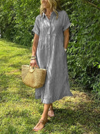 Sydney™ | Vestido camisero midi de rayas con manga corta