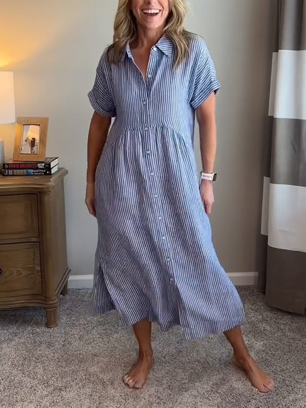 Sydney™ | Vestido camisero midi de rayas con manga corta