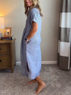 Sydney™ | Vestido camisero midi de rayas con manga corta
