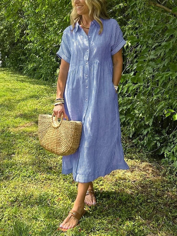 Sydney™ | Vestido camisero midi de rayas con manga corta