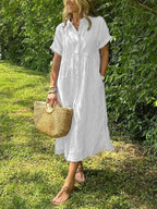 Sydney™ | Vestido camisero midi de rayas con manga corta