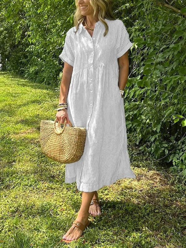 Sydney™ | Vestido camisero midi de rayas con manga corta