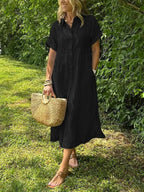 Sydney™ | Vestido camisero midi de rayas con manga corta