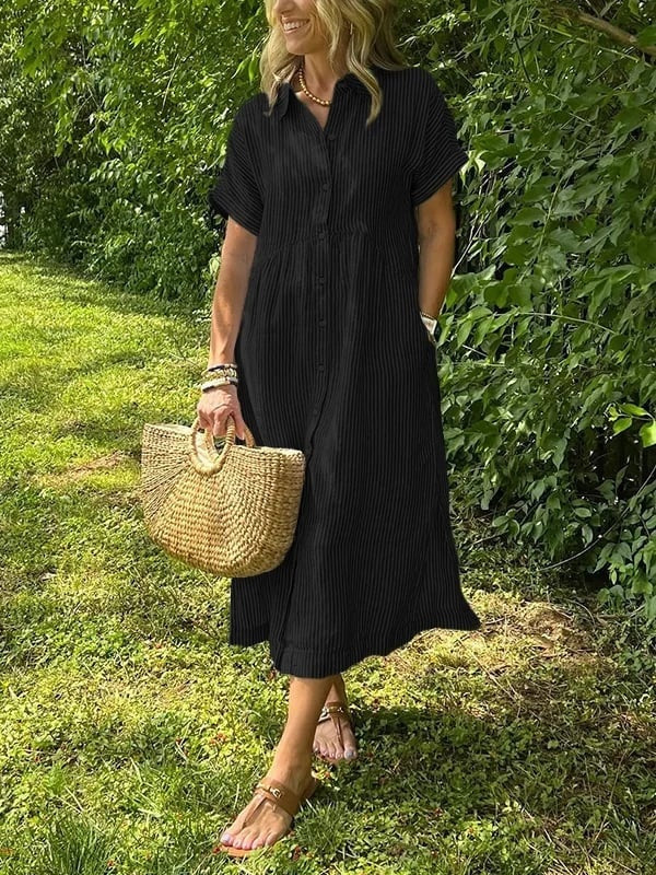 Sydney™ | Vestido camisero midi de rayas con manga corta