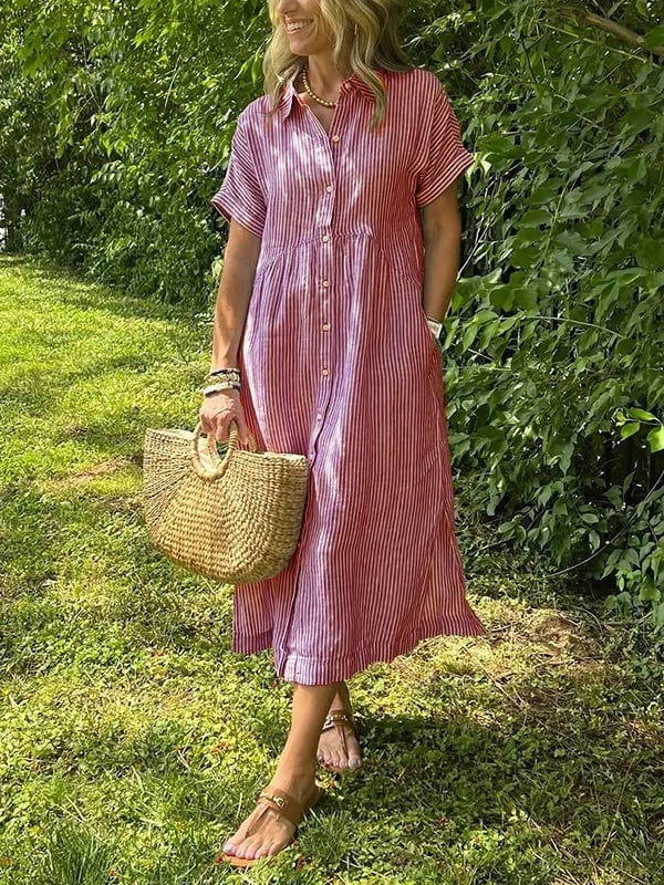 Sydney™ | Vestido camisero midi de rayas con manga corta