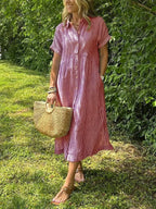 Sydney™ | Vestido camisero midi de rayas con manga corta