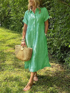 Sydney™ | Vestido camisero midi de rayas con manga corta