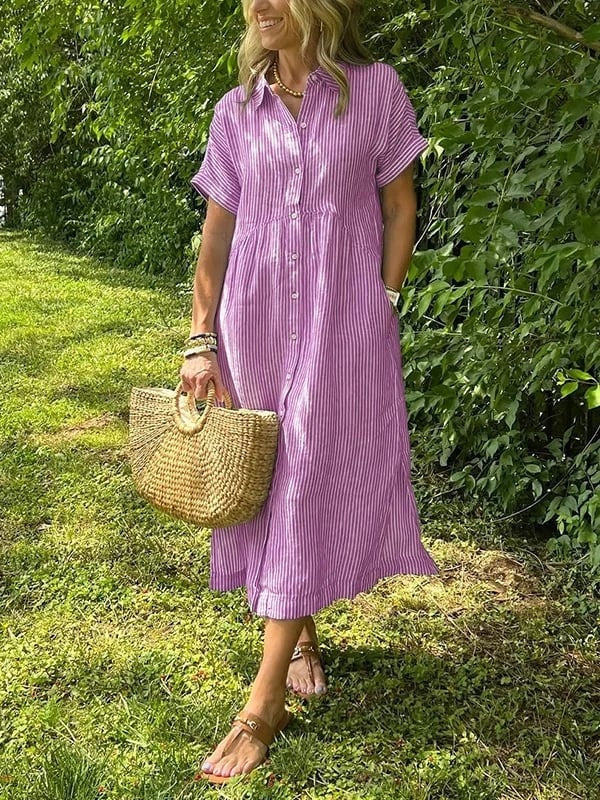 Sydney™ | Vestido camisero midi de rayas con manga corta