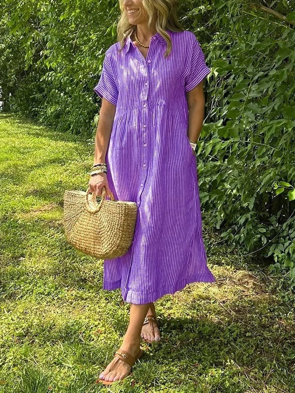 Sydney™ | Vestido camisero midi de rayas con manga corta