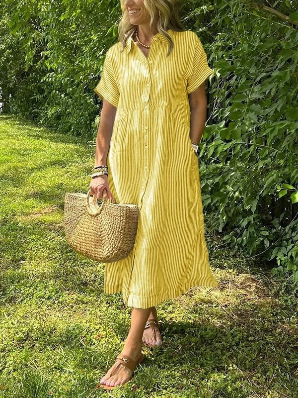 Sydney™ | Vestido camisero midi de rayas con manga corta