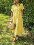 Sydney™ | Vestido camisero midi de rayas con manga corta