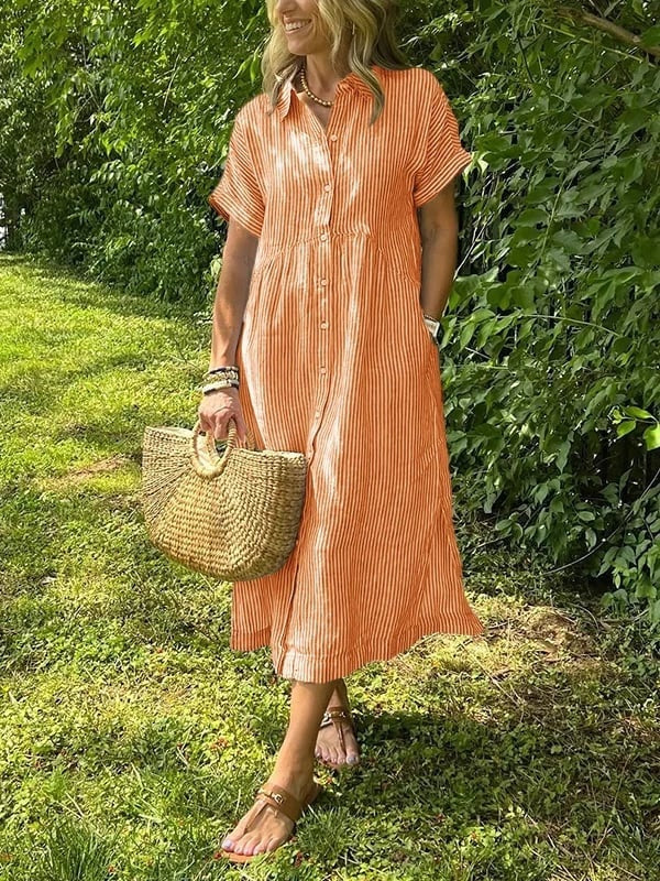 Sydney™ | Vestido camisero midi de rayas con manga corta