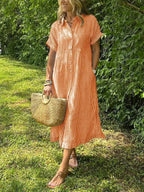 Sydney™ | Vestido camisero midi de rayas con manga corta