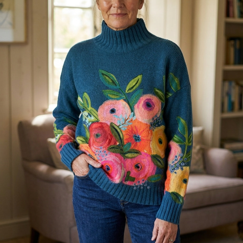 Ella™ | Jersey de punto floral de cuello alto oversize