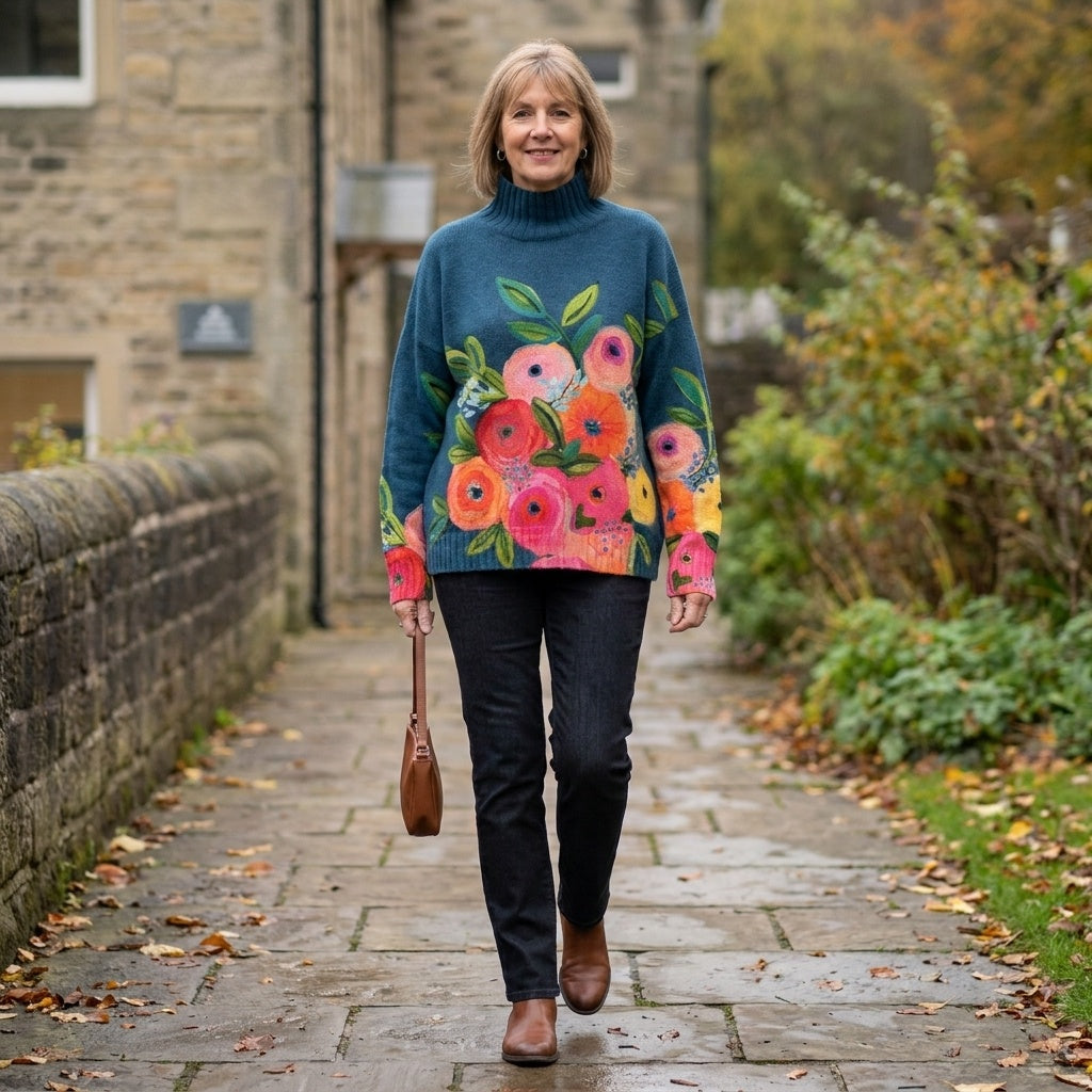 Ella™ | Jersey de punto floral de cuello alto oversize
