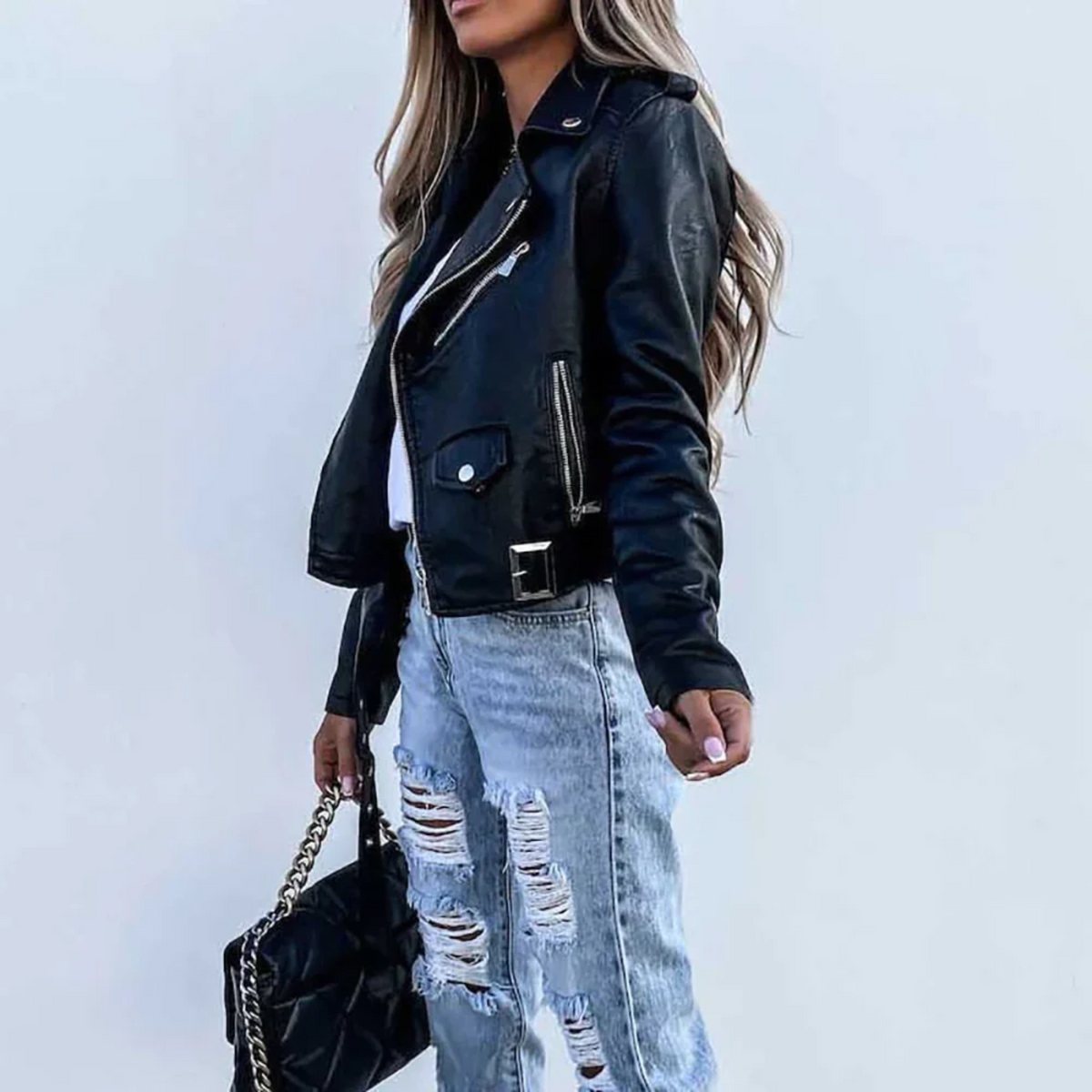 Sloane™ | Cazadora biker de polipiel con cinturón