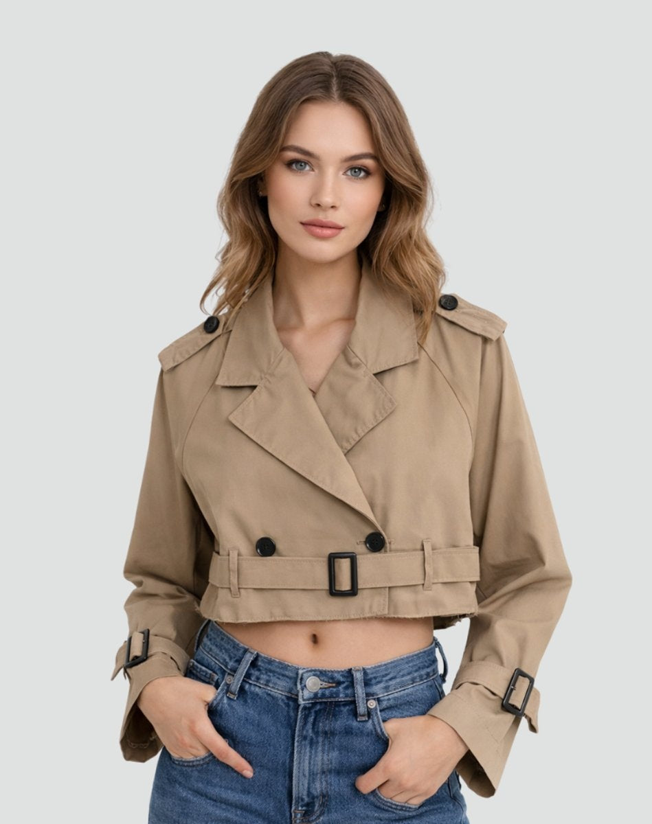 Riley™ | Gabardina corta cruzada con cinturón