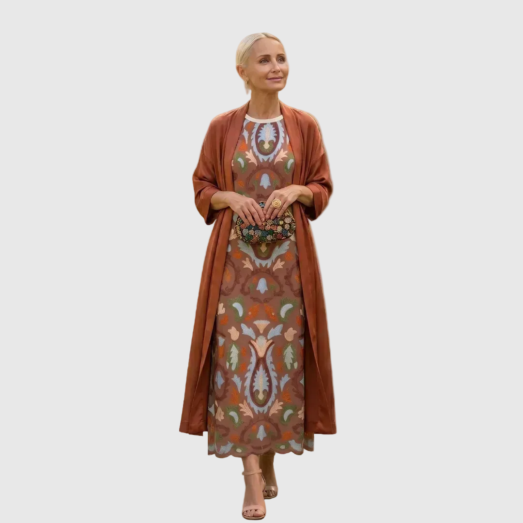 Ellie™ | Vestido midi de invitada de invierno estampado con duster a juego