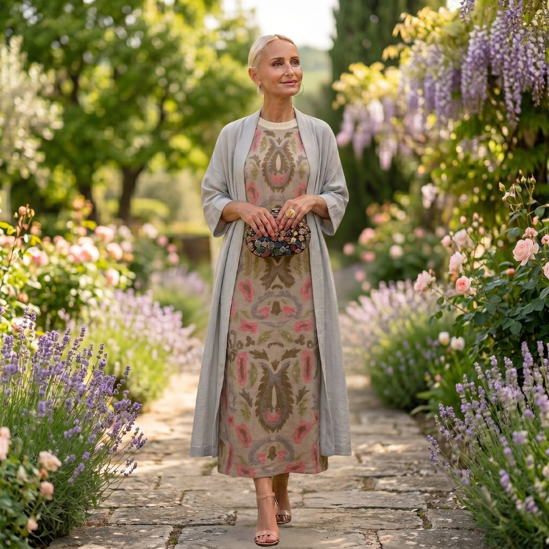 Ellie™ | Vestido midi de invitada de invierno estampado con duster a juego