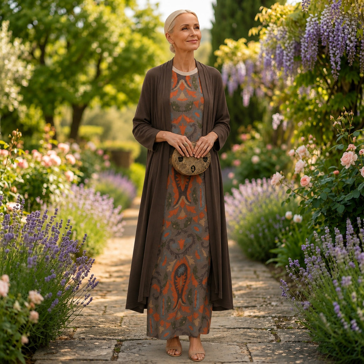 Ellie™ | Vestido midi de invitada de invierno estampado con duster a juego