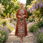 Ellie™ | Vestido midi de invitada de invierno estampado con duster a juego