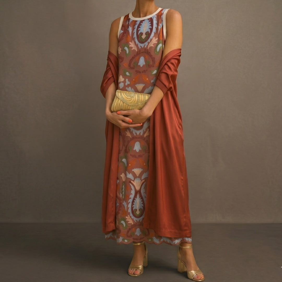 Ellie™ | Vestido midi de invitada de invierno estampado con duster a juego