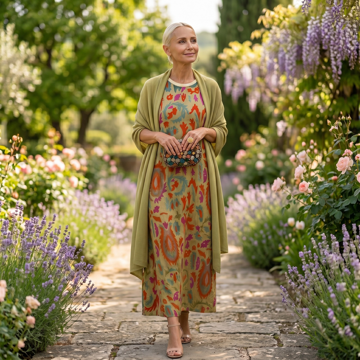 Ellie™ | Vestido midi de invitada de invierno estampado con duster a juego