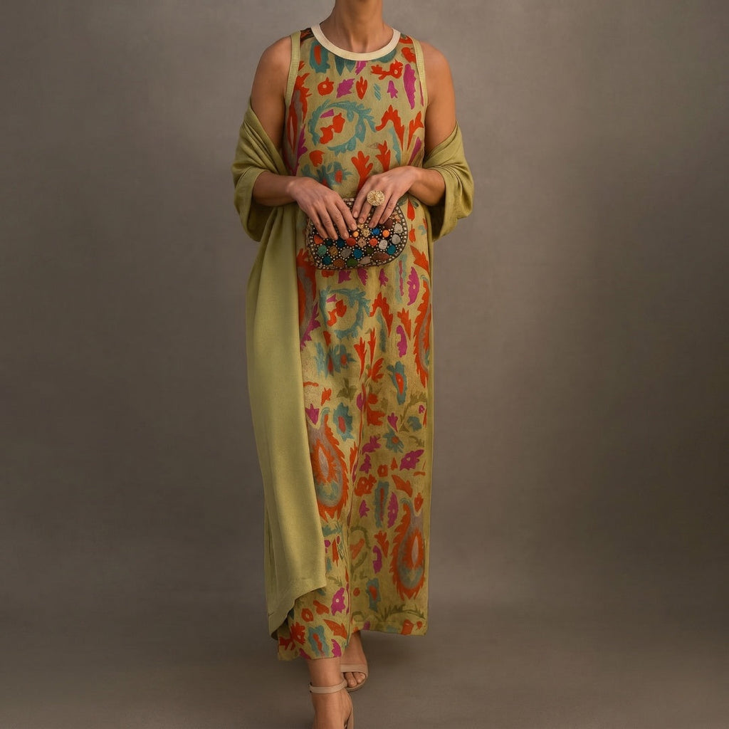 Ellie™ | Vestido midi de invitada de invierno estampado con duster a juego