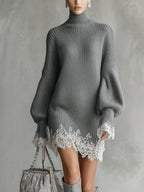 Gemma™ | Vestido corto de punto con cuello alto y encaje